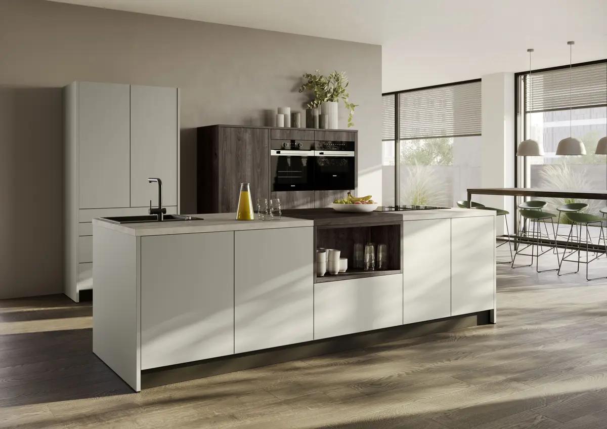 Contur Designküche mit Insel Kieselgrau matt 01