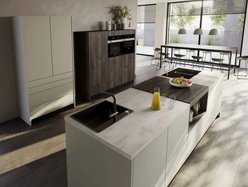 Contur Designküche mit Insel Kieselgrau matt 07