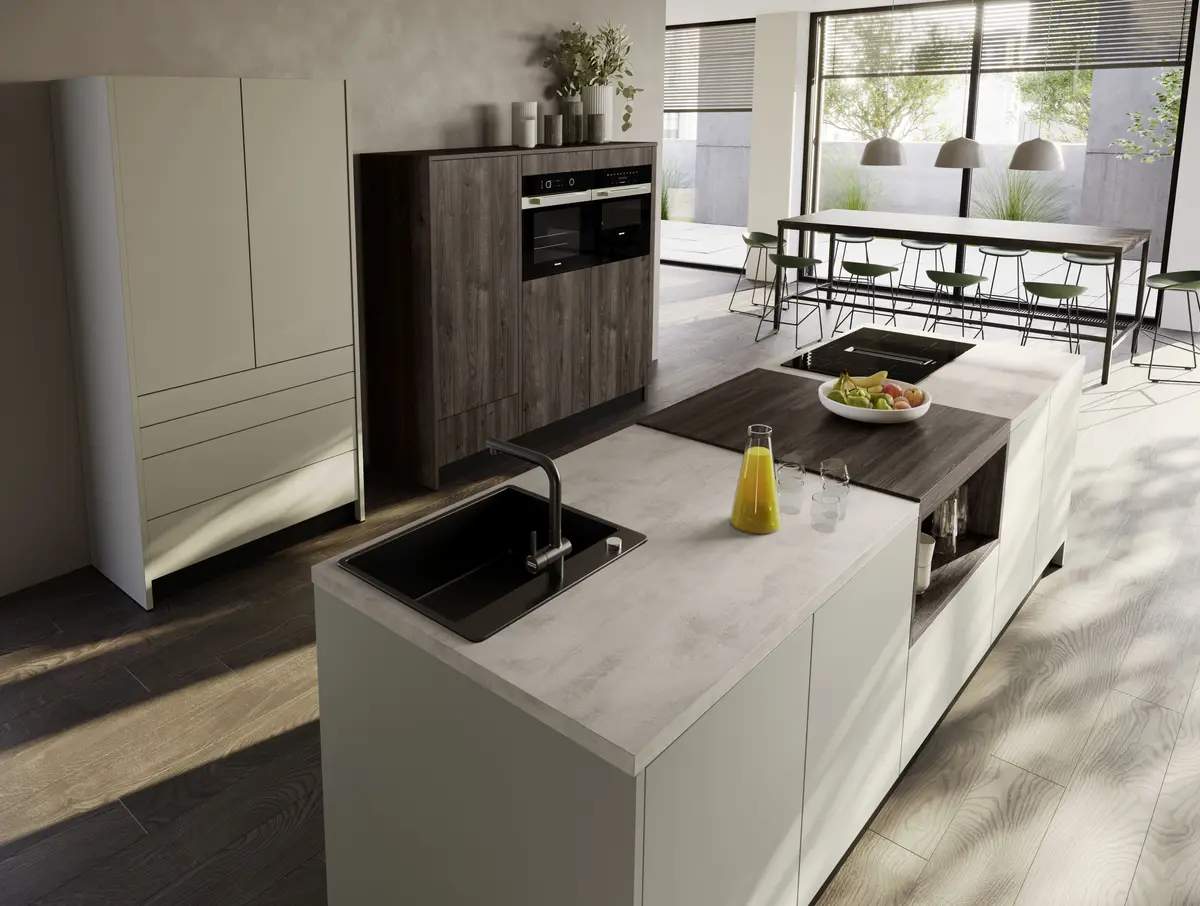 Contur Designküche mit Insel Kieselgrau matt 07