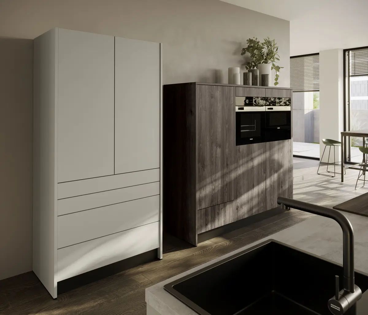 Contur Designküche mit Insel Kieselgrau matt 08