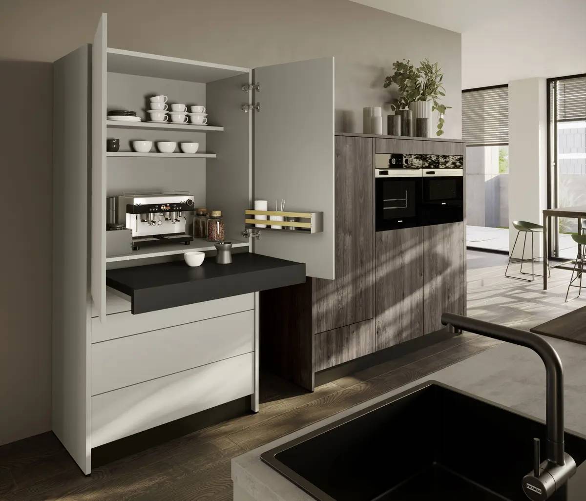 Contur Designküche mit Insel Kieselgrau matt 09